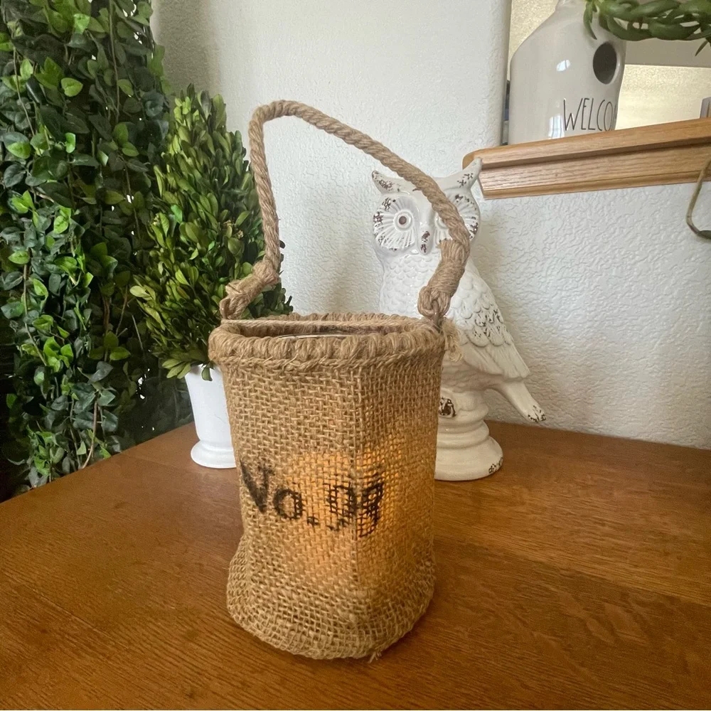 No. 98 Natural Jute Hanging Hurricane Basket, Wax candle included
